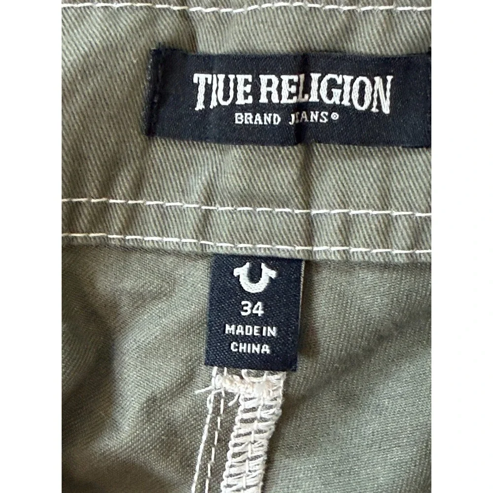 Men's True Religion Size 34 Olive Green Y2K Cargo Denim Wide Leg Gorpcore Jeans